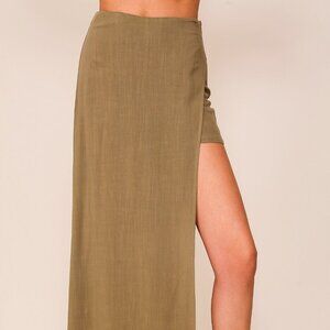 LUMIERE Olive Green High-Slit Maxi Skirt with Built-In Shorts, Chic Summer